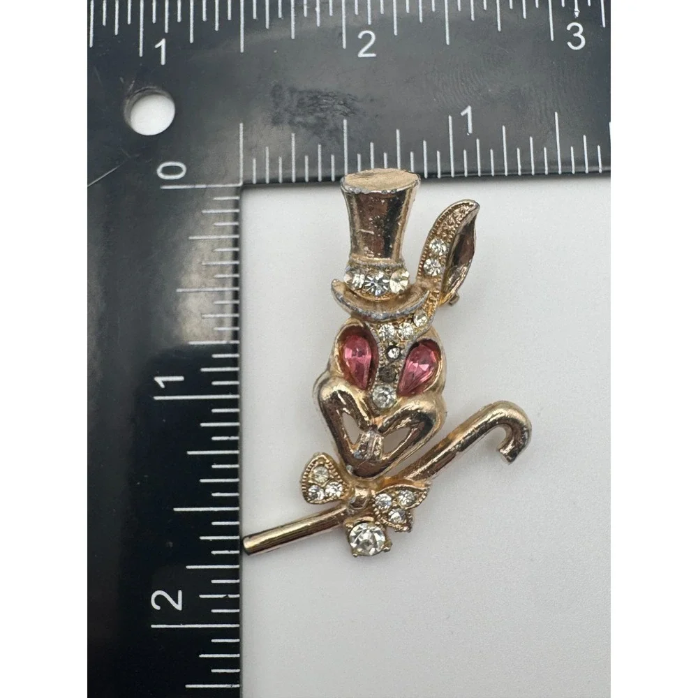 Vintage Bunny Brooch Dapper Rabbit Pink Rhinestone Eyes Figural